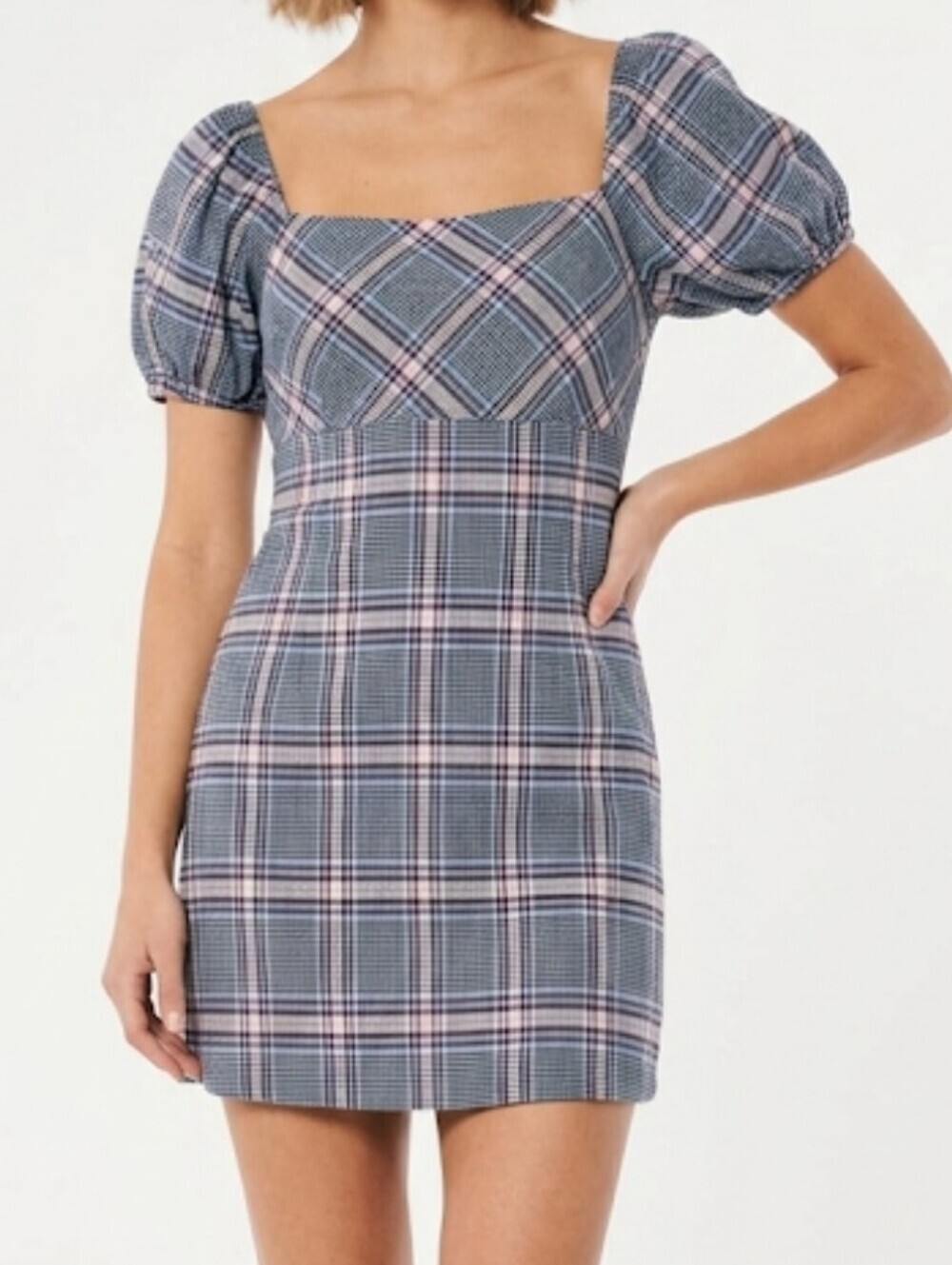 Altar'd State Plaid Mini Dress Puff Sleeves Black/Pink/Blue Size M